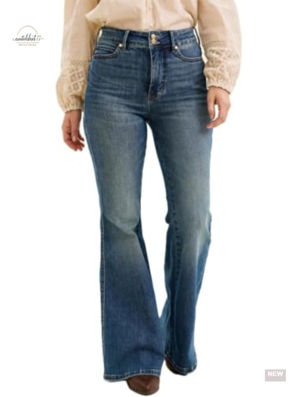 High Waisted Tummy Control Flare Jeans Double Button Shield Pockets